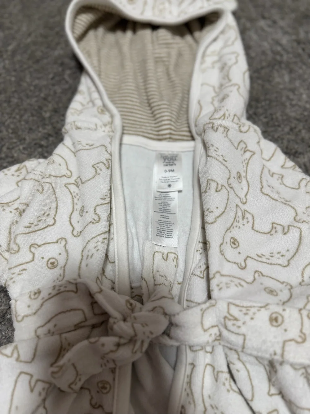 Carter's Just Be You Terrycloth Bear Print Robe Hooded Ears 0-9 Months